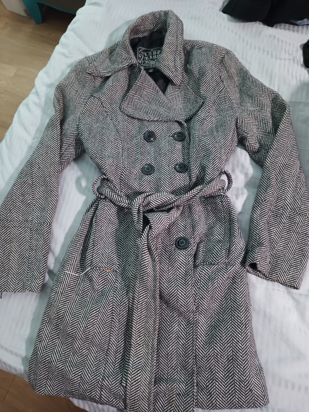 last kiss Black & White Herringbone Double-Breasted Trench Coat